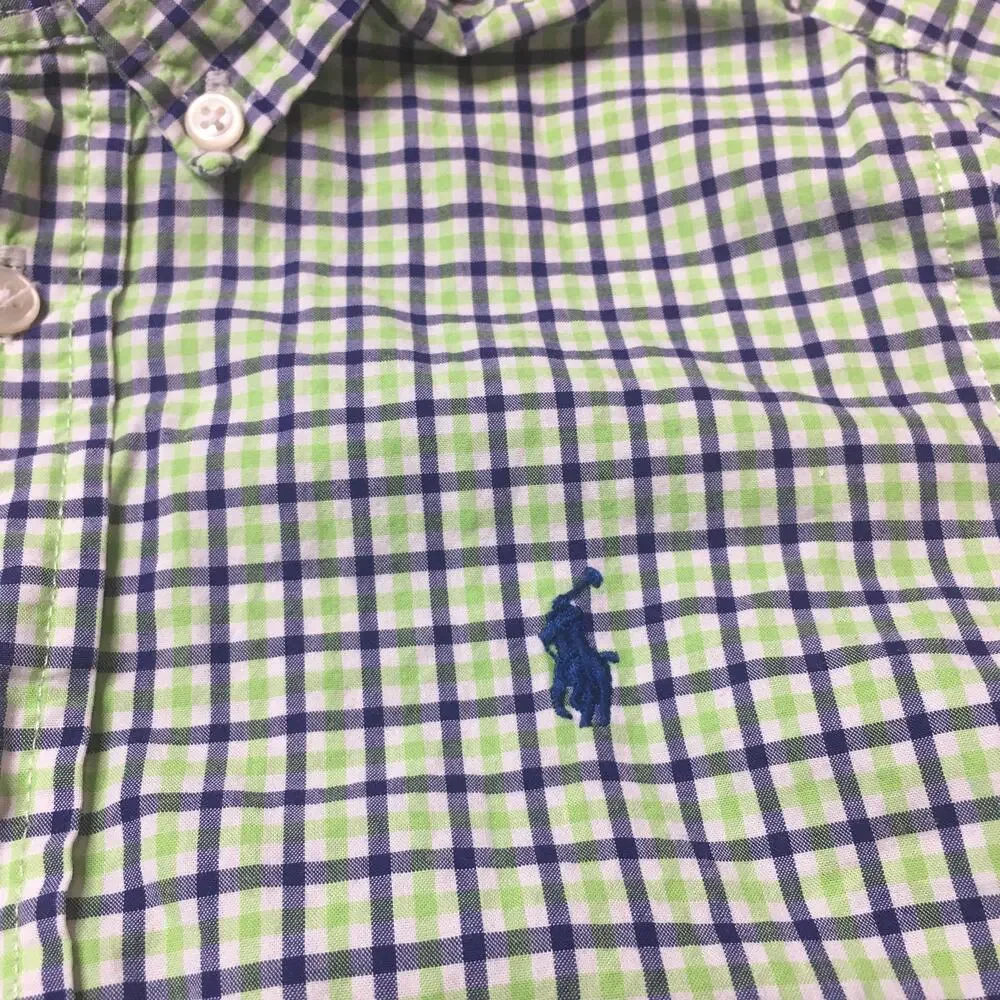Ralph Lauren Boys Green White Navy Blue Plaid Shirt Size 6